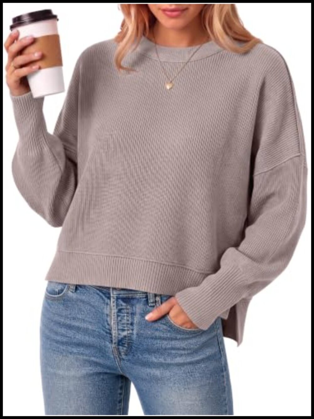 Women's Cropped Oversized Sweater Batwing Sleeve Side Slit Ribbed Knit Pullover